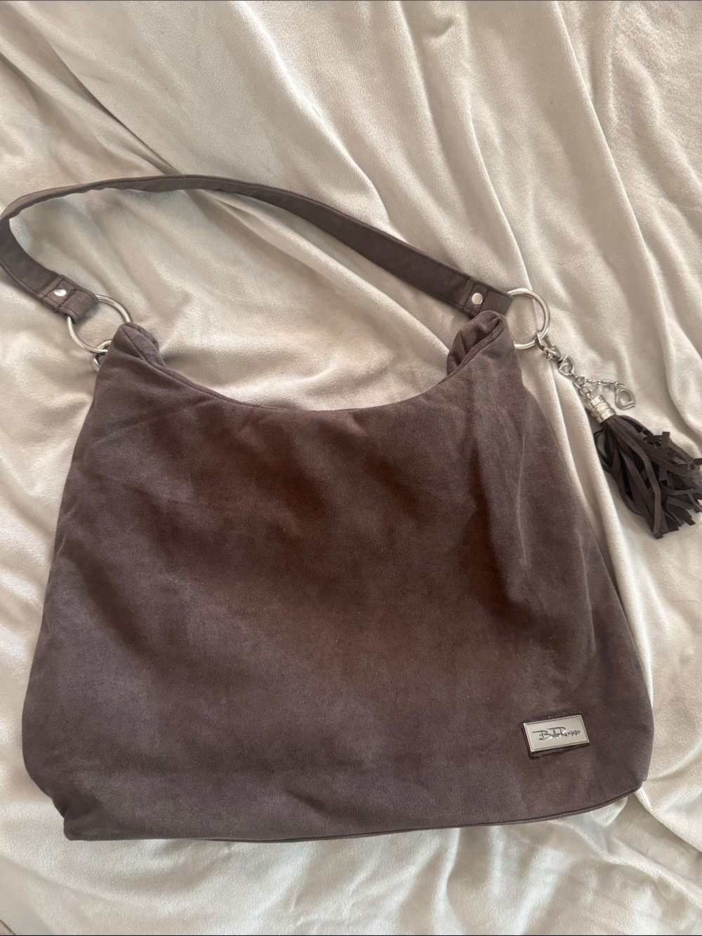 Light weight Bella Russo Suede Shoulder Hobo Bag in Dark Brown with Tassel Charm
